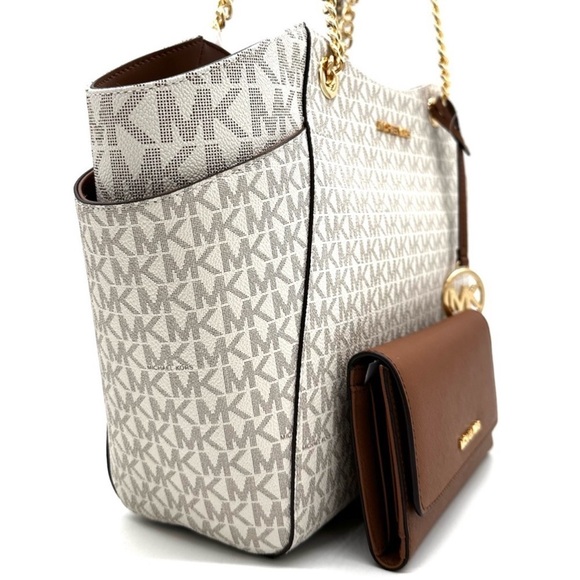 Michael Kors Large Jet Set Travel Chain Shoulder Bag & LG Trifold Wallet Vanilla - Picture 4 of 14